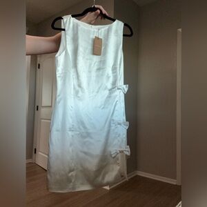 White Satin Bow Mini Dress – Bridal Party, Engagement, Graduation